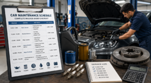 Car maintenance schedule milestone timeline showing oil change tire rotation and major service intervals by mileage