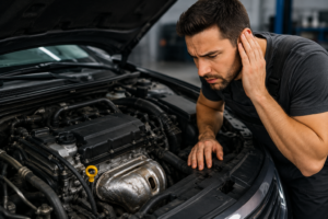 Engine block showing knocking sound waves — rod knock vs piston slap vs lifter tick diagnosis by sound type and RPM
