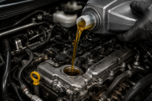 Engine oil being poured showing 5 critical functions — lubrication cooling cleaning sealing and corrosion protection