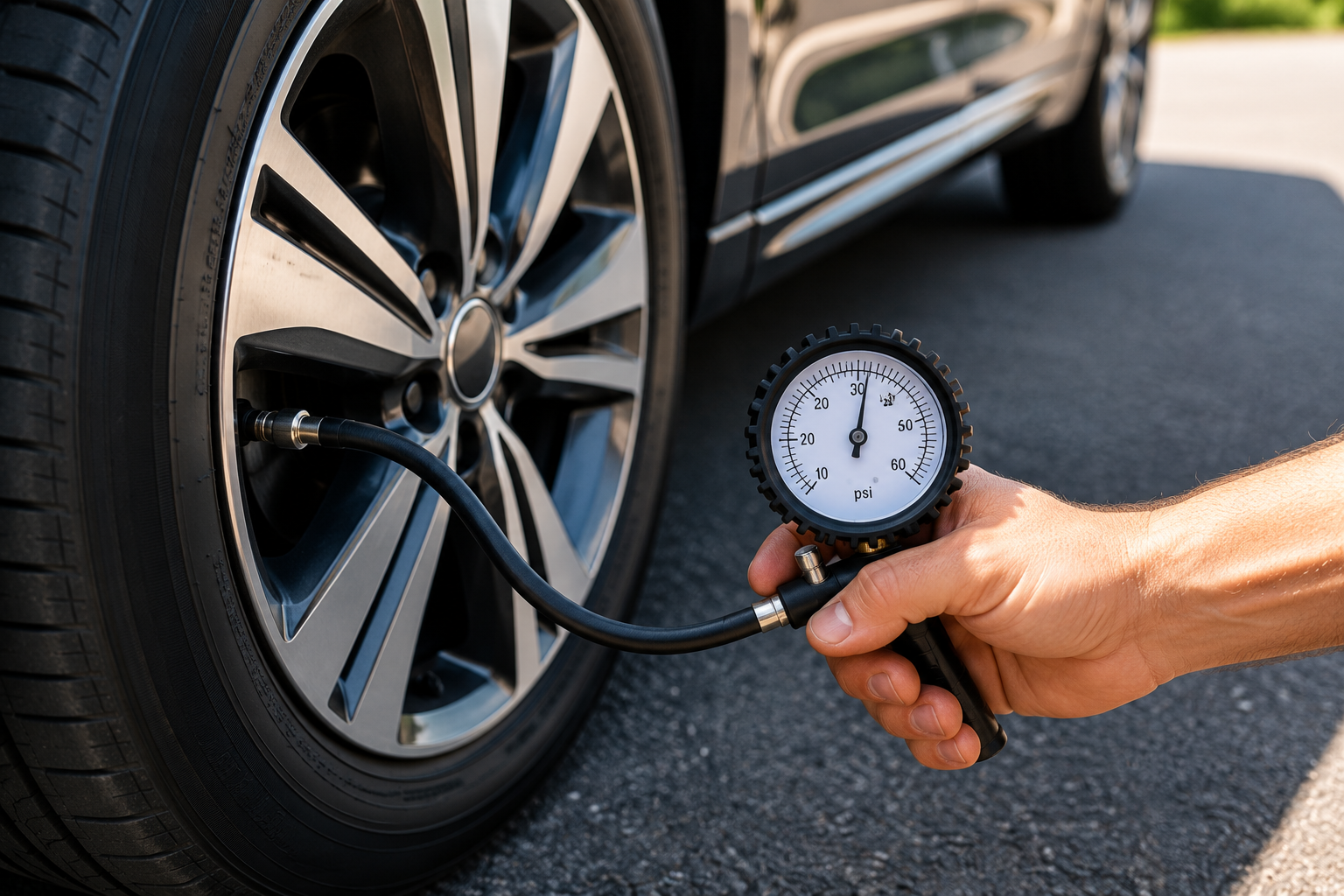 Tire pressure gauge showing correct PSI reading on car tire — how to check tire pressure step by step guide