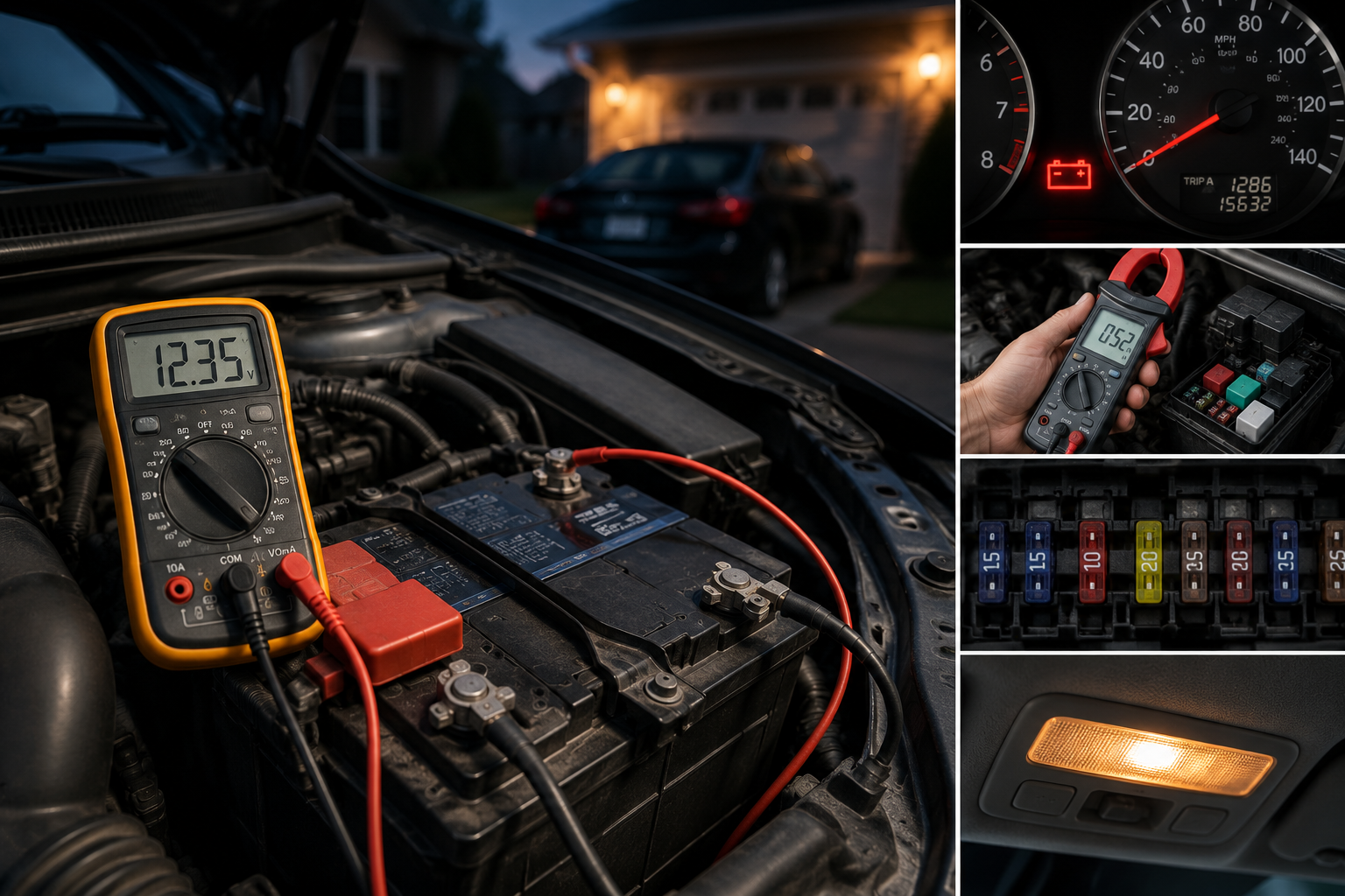 Car battery draining overnight showing corroded terminals and low charge indicator — 11 causes and DIY fixes guide