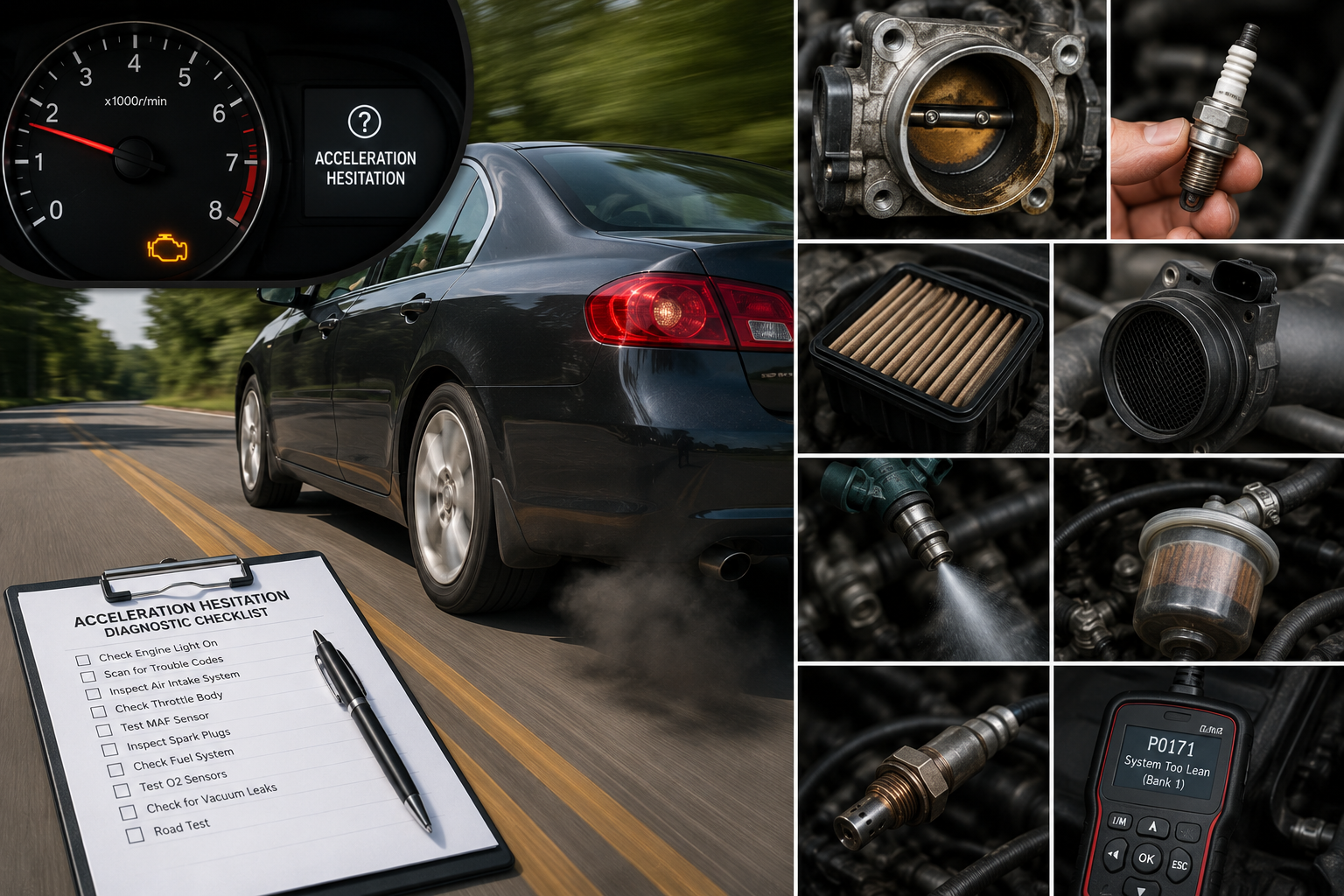 Car throttle body and gas pedal showing hesitation causes — car hesitates when accelerating 8 causes diagnostic checklist