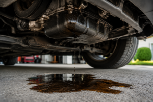 Engine oil puddle under car showing leak location diagnostic — car leaking oil 8 causes identified by puddle position and fluid color guide