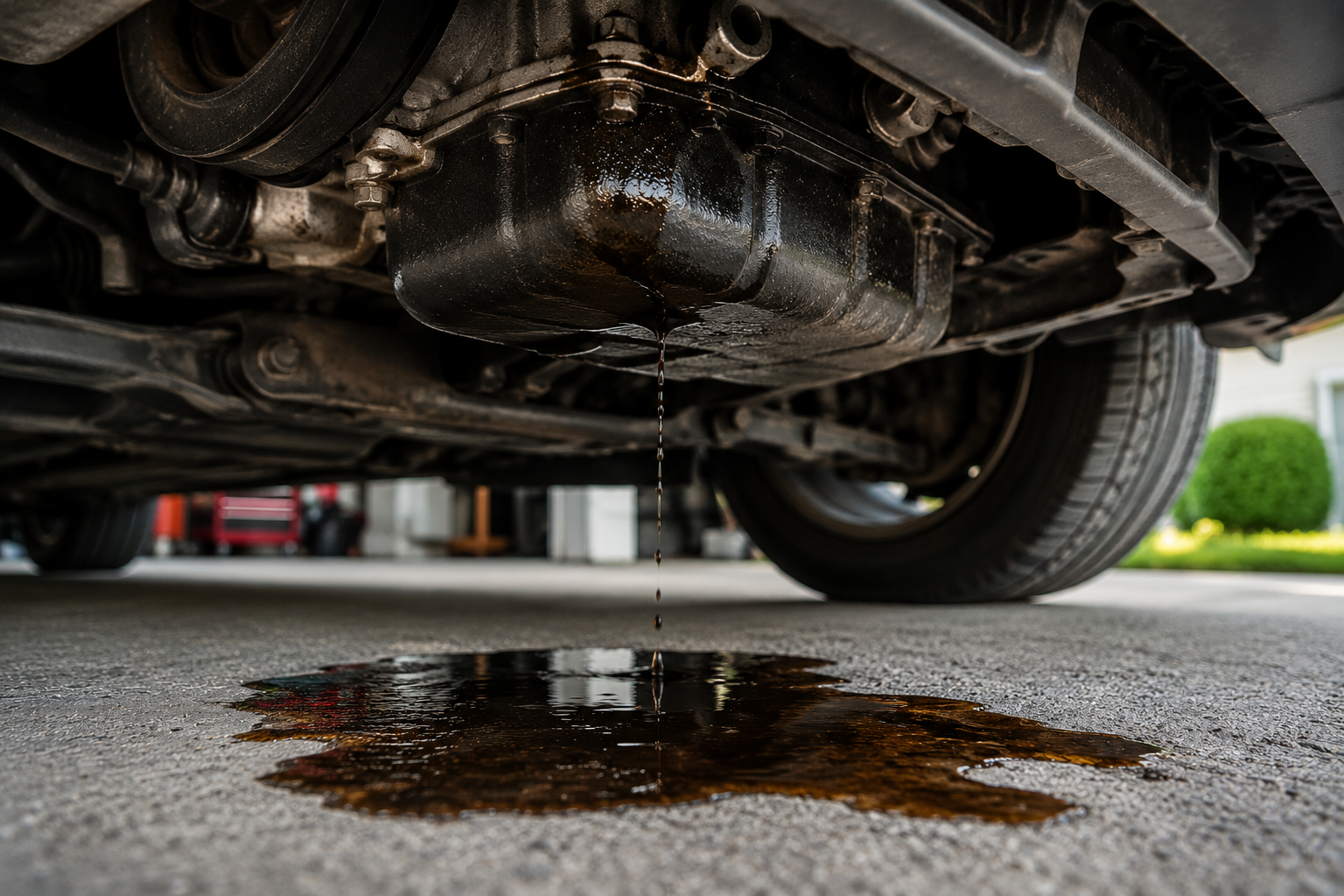 Engine oil puddle under car showing leak location diagnostic — car leaking oil 8 causes identified by puddle position and fluid color guide