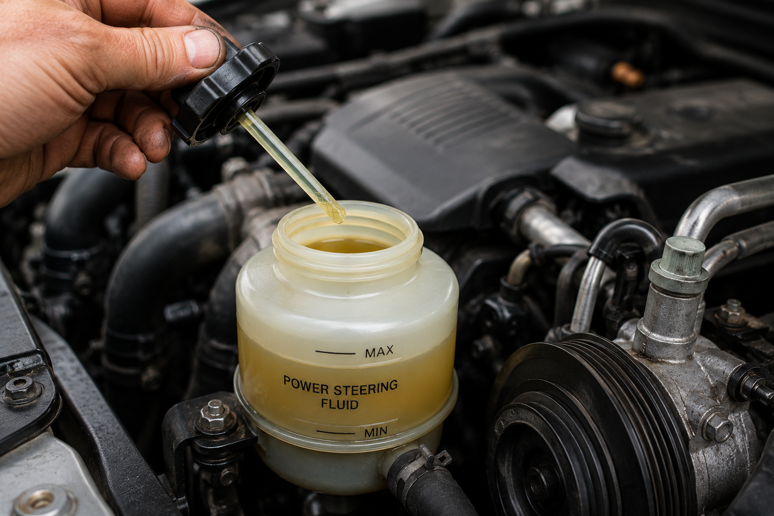 Power steering fluid reservoir showing fluid level and color check — how to check power steering fluid level color condition and when to change guide
