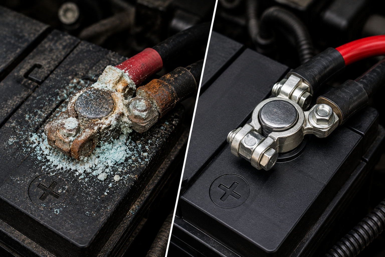 Car battery terminals with white corrosion buildup showing cleaning process — battery terminal corrosion causes color diagnostic and 8-step cleaning guide