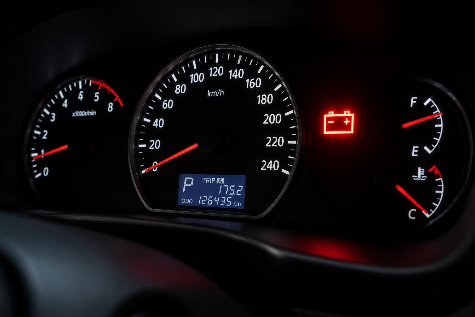 Car dashboard showing battery warning light illuminated — battery light on in car means charging system failed with 5 causes and voltage test guide