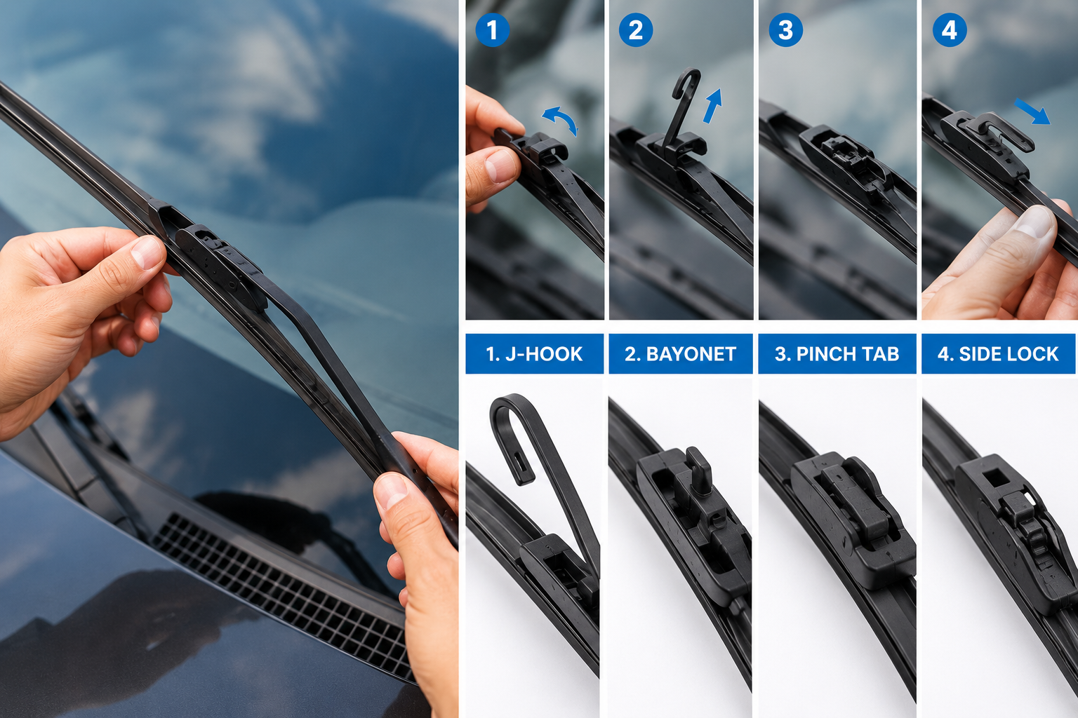 Wiper blade connector types showing hook pin and pinch tab removal methods — how to change wiper blades for all 4 connector types step by step guide