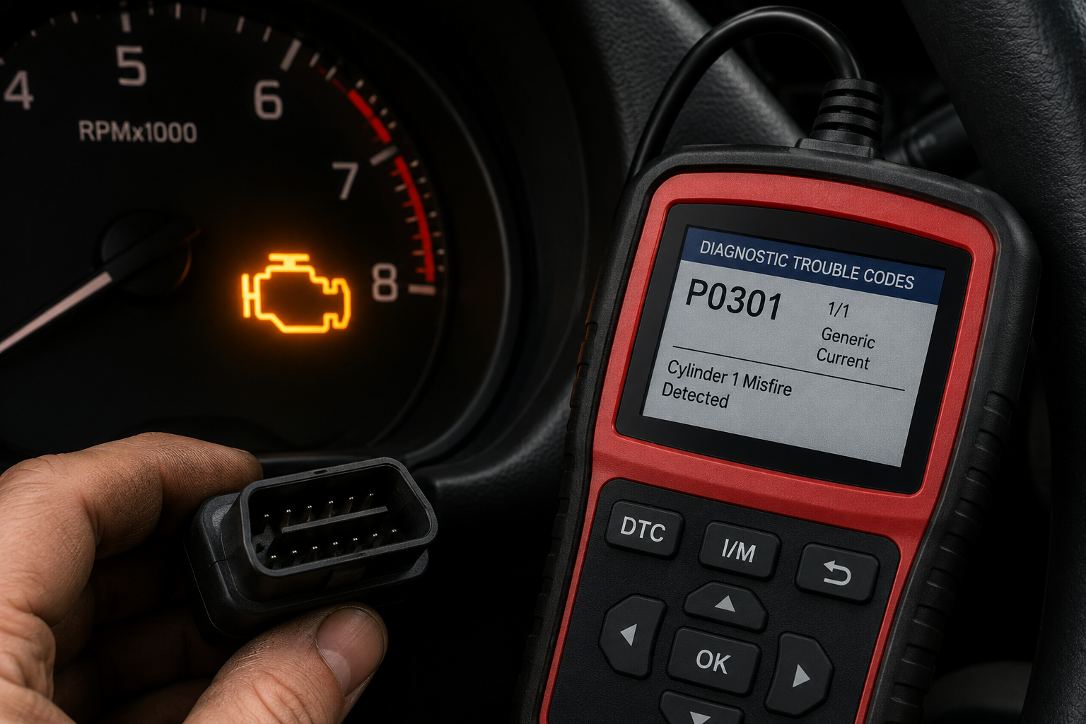 Car dashboard showing flashing check engine light warning — check engine light flashing means active misfire destroying catalytic converter with 4 causes and 7-step action guide
