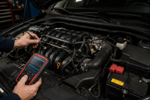 Engine components showing rough running causes including spark plugs and throttle body — car running rough 10 causes diagnosed by idle vs driving and cold vs warm