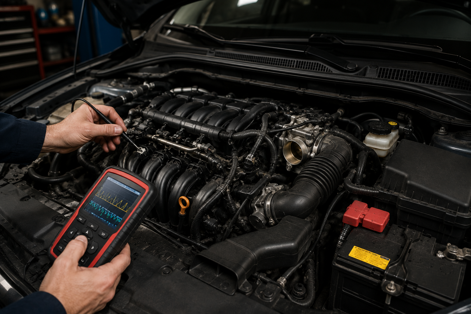 Engine components showing rough running causes including spark plugs and throttle body — car running rough 10 causes diagnosed by idle vs driving and cold vs warm