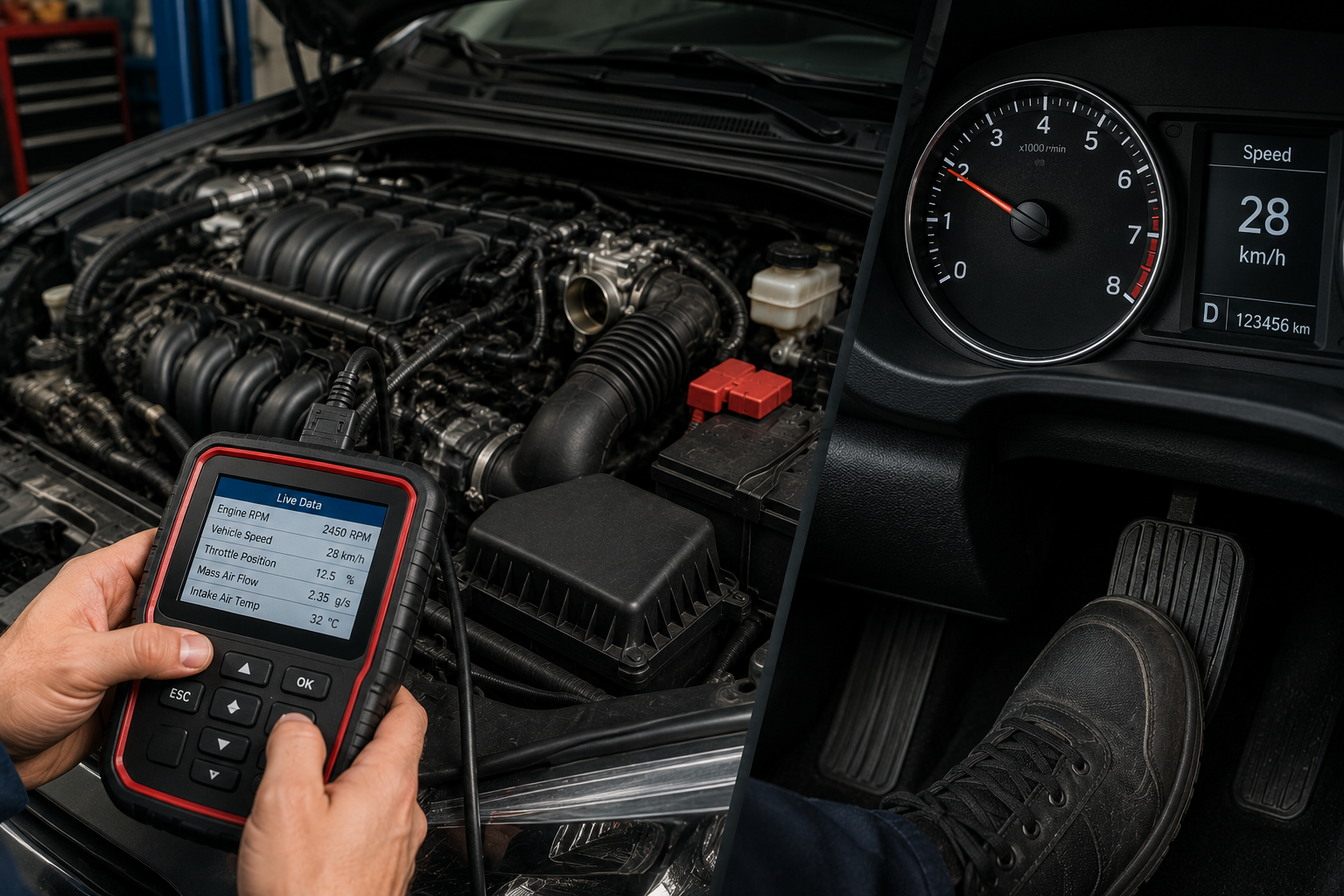 Car dashboard tachometer showing RPM behavior during acceleration problem — car won't accelerate 9 causes diagnosed by RPM rise vs flat and transmission vs engine distinction