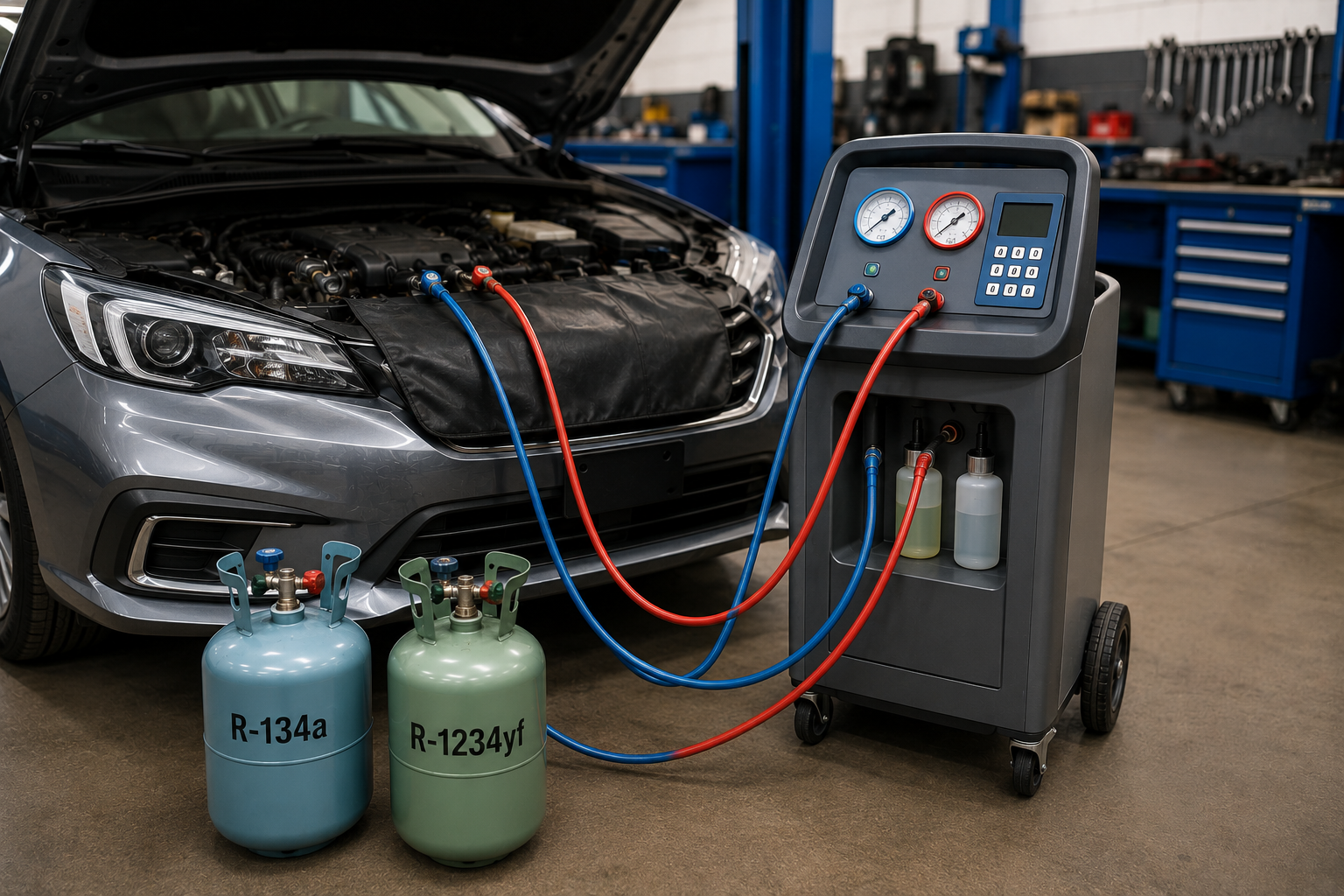 Car AC refrigerant recharge service showing R134a and R1234yf refrigerant types — car AC recharge cost DIY vs shop guide and when recharge wont fix the problem