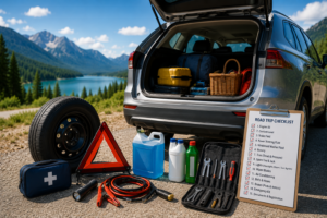 Car being inspected before summer road trip showing 15 point checklist — summer road trip car checklist 2026 battery tires coolant and AC pre departure guide