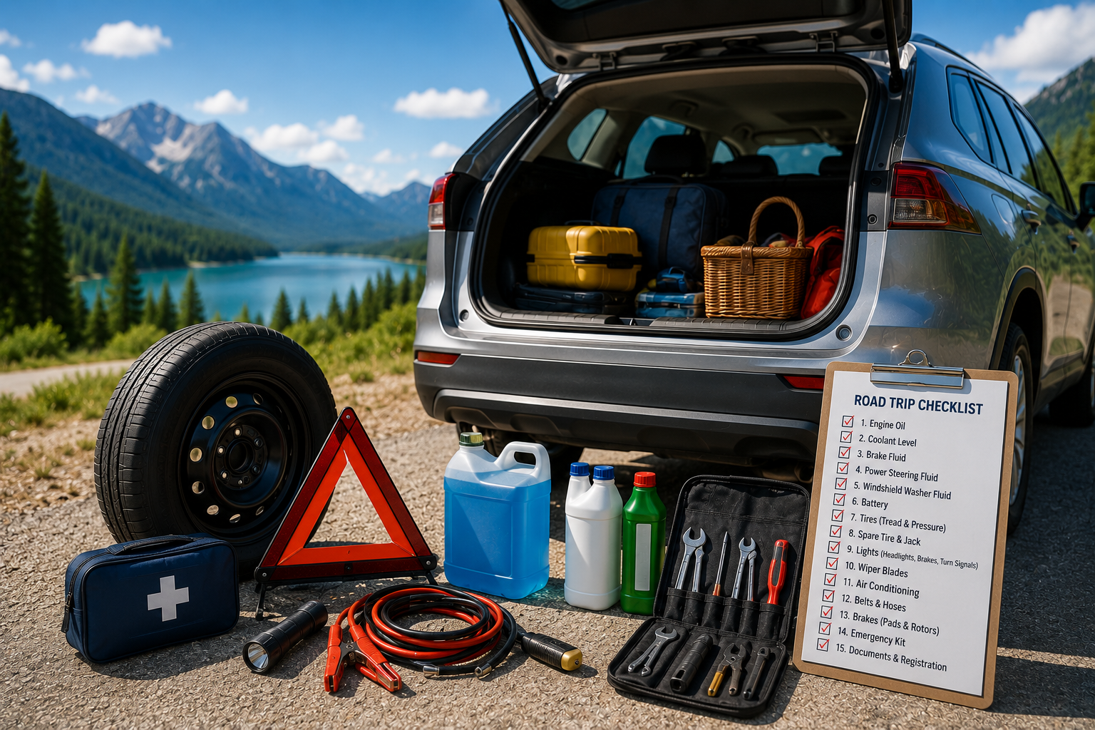 Car being inspected before summer road trip showing 15 point checklist — summer road trip car checklist 2026 battery tires coolant and AC pre departure guide