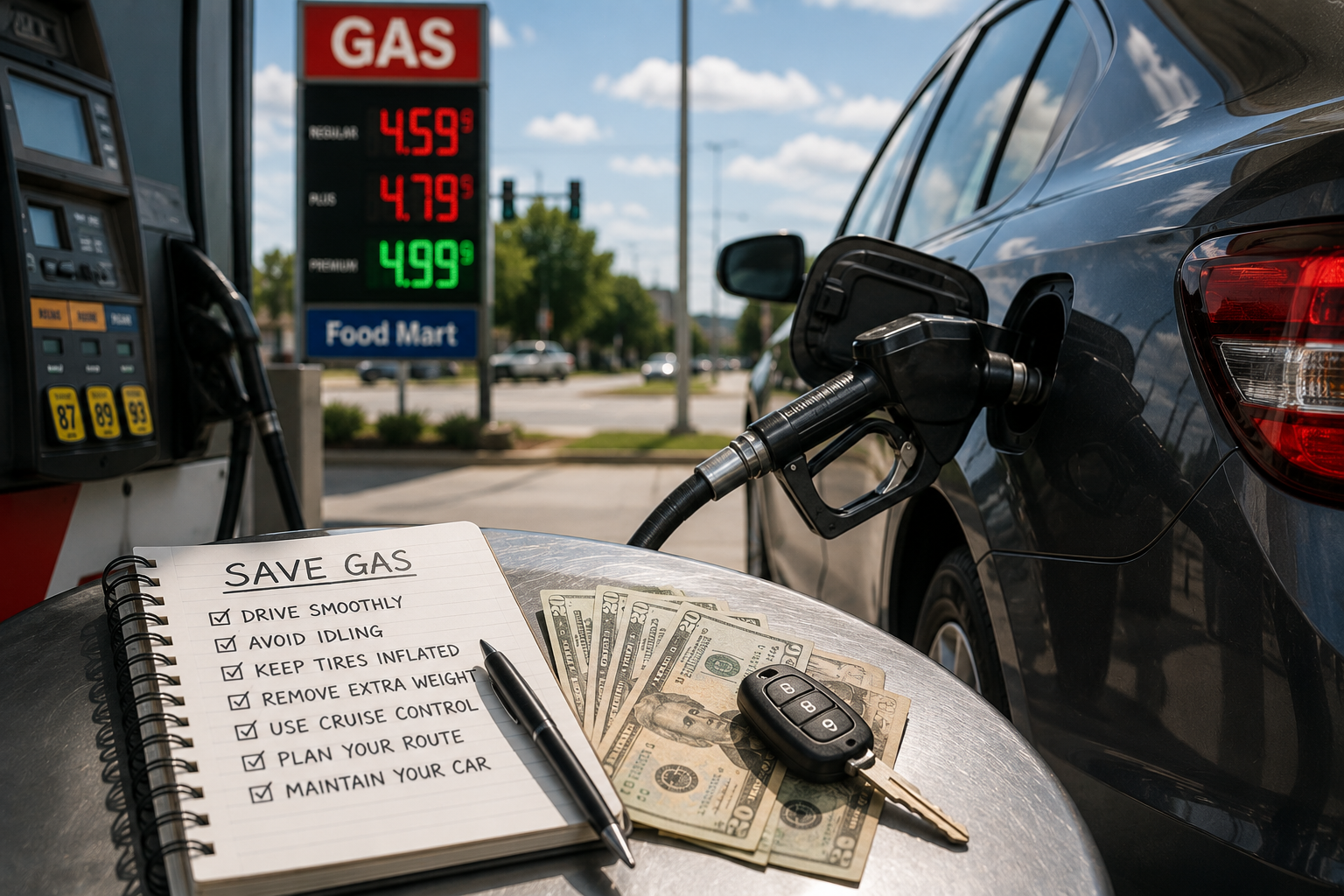 Car at gas pump showing fuel economy tips — how to save gas 17 proven ways to improve fuel economy at $4.50 per gallon in 2026