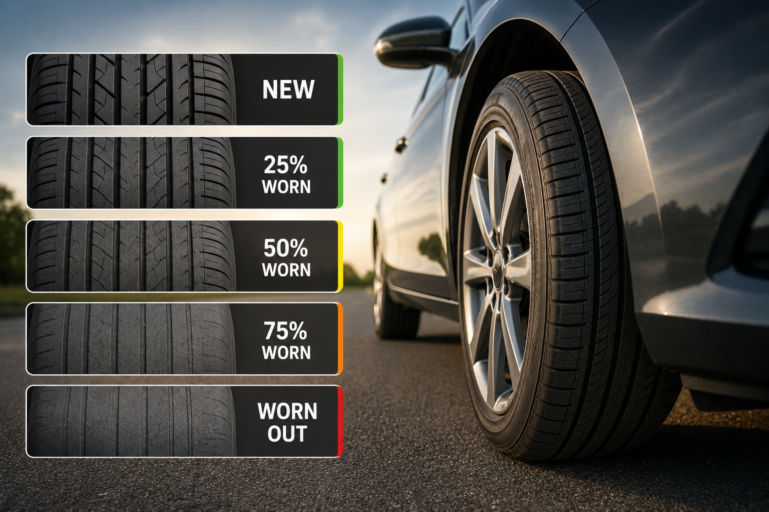 Car tire tread depth showing wear indicators and mileage — how long do tires last complete guide by type age rule and 6 factors that determine tire lifespan