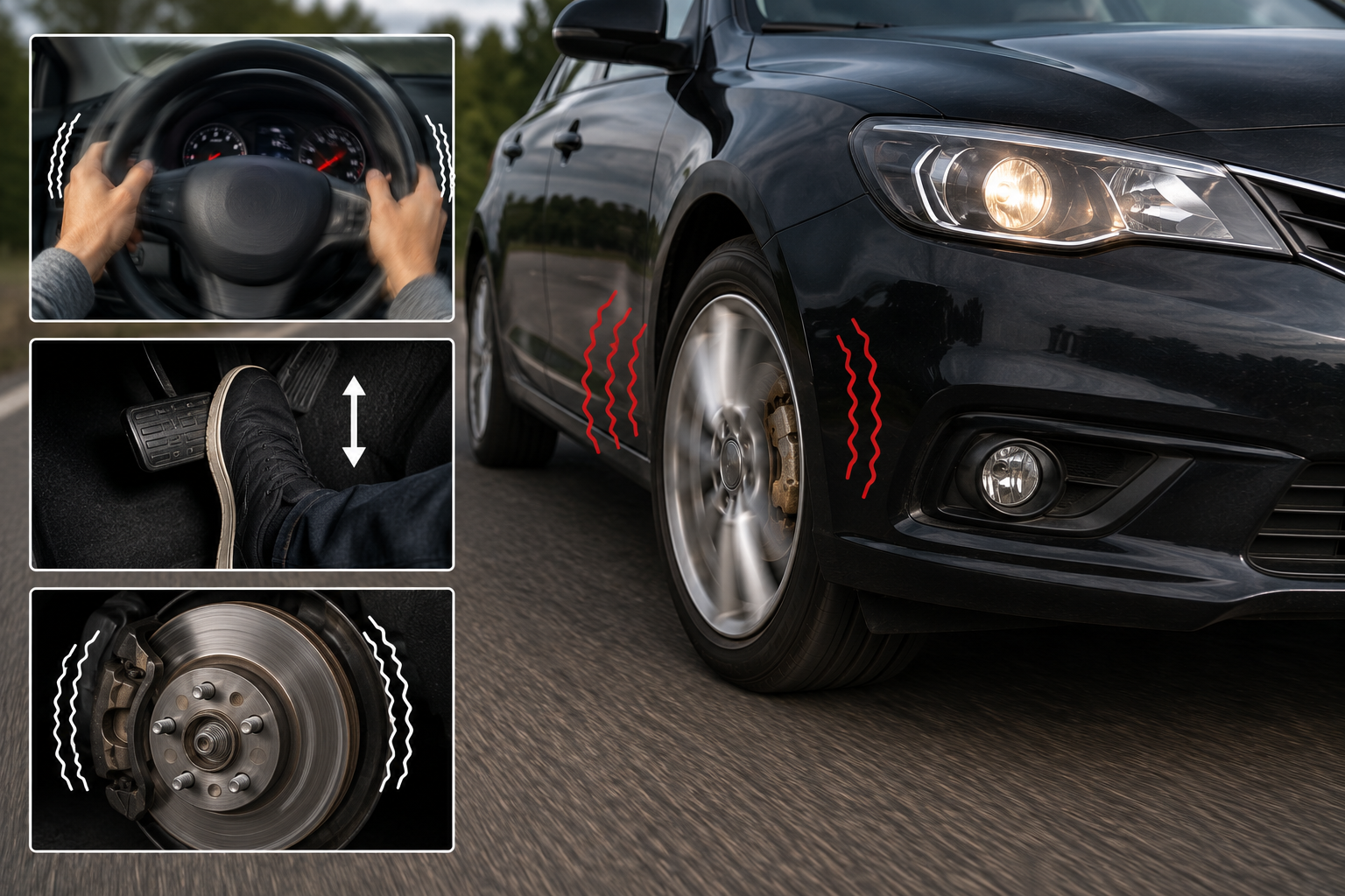 Car brake rotor and caliper showing shudder causes — car shudders when braking 7 causes diagnosed by speed location steering wheel vs pedal feel and ABS distinction