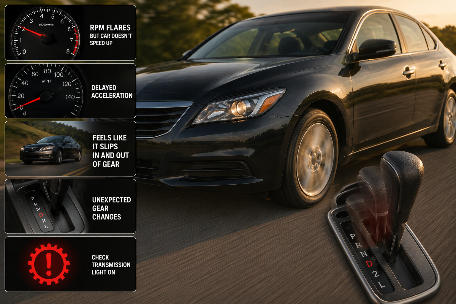 Car automatic transmission showing slipping symptoms by failure stage — transmission slipping symptoms 8 signs from early RPM flare to late stage complete slip with fluid color diagnostic