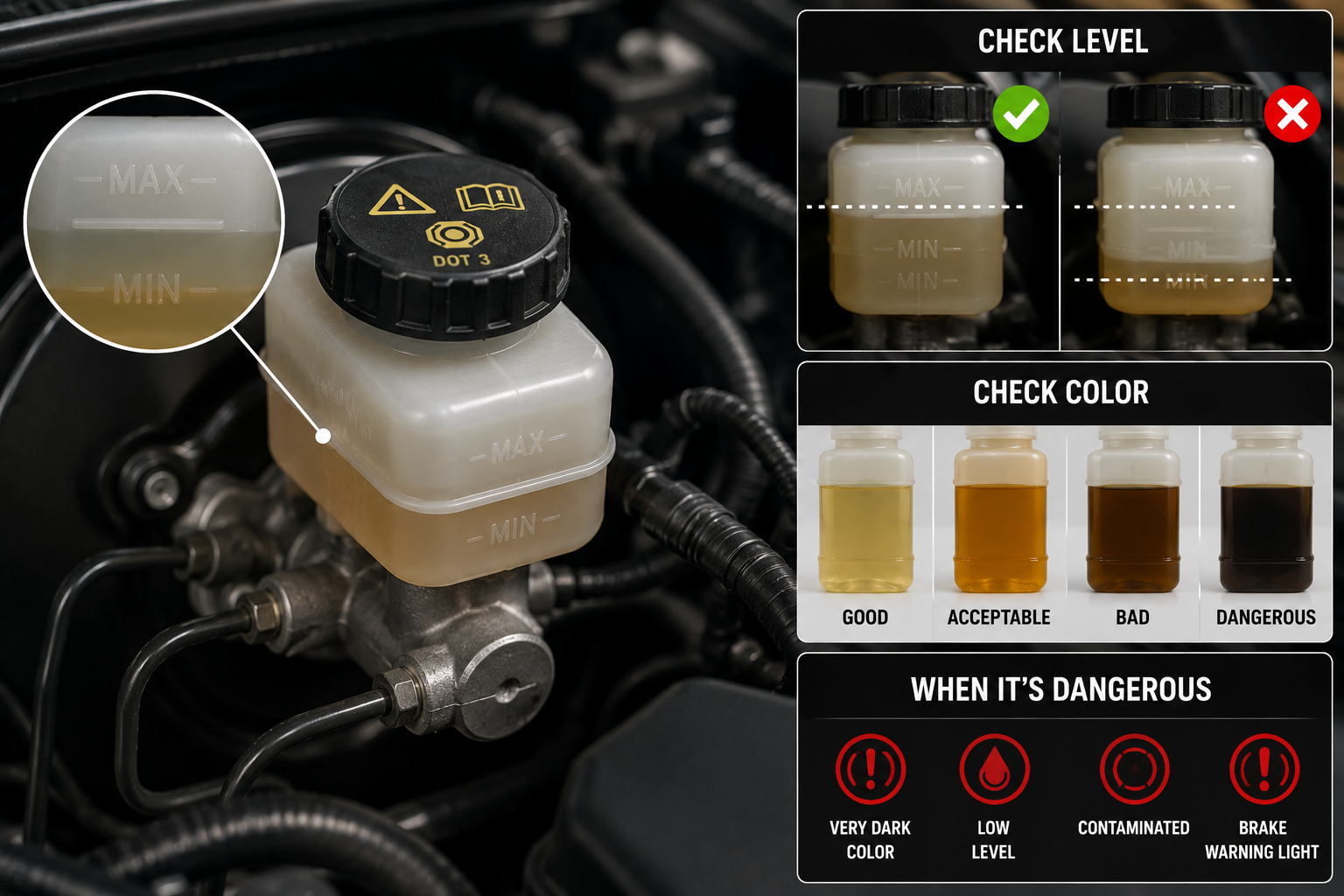 Car brake fluid reservoir showing level and color check — how to check brake fluid level color condition DOT type and when dark brown or black fluid is a safety risk
