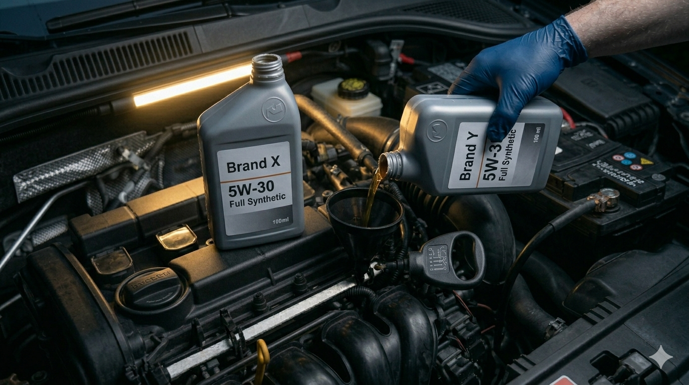 Two different engine oil brand bottles with question mark — can you mix engine oil brands safe decision matrix