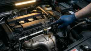 Engine bay showing oil leaking on hot exhaust — car smells like burning oil 8 causes location diagnostic and fire risk