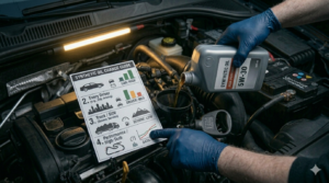 Synthetic engine oil bottle showing change interval chart — how often to change synthetic oil for every car type