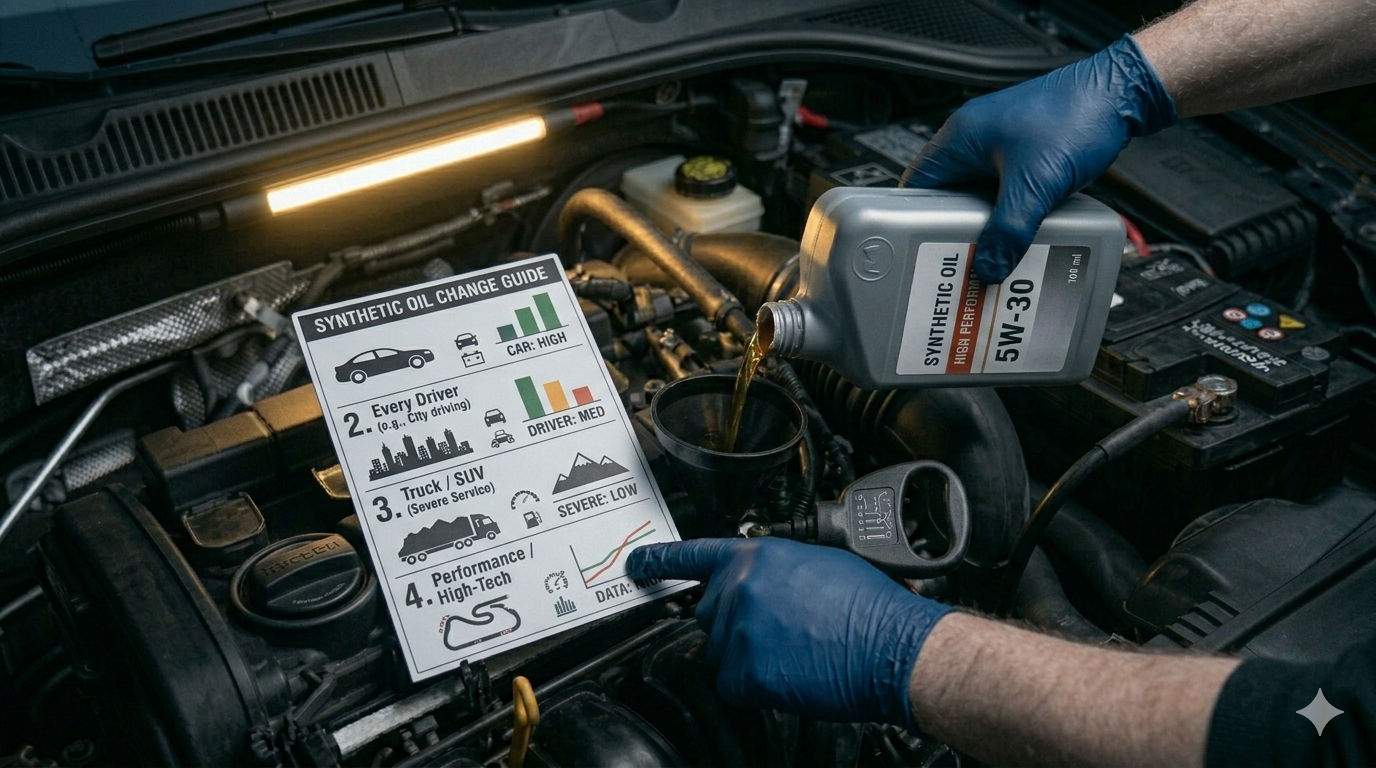 Synthetic engine oil bottle showing change interval chart — how often to change synthetic oil for every car type