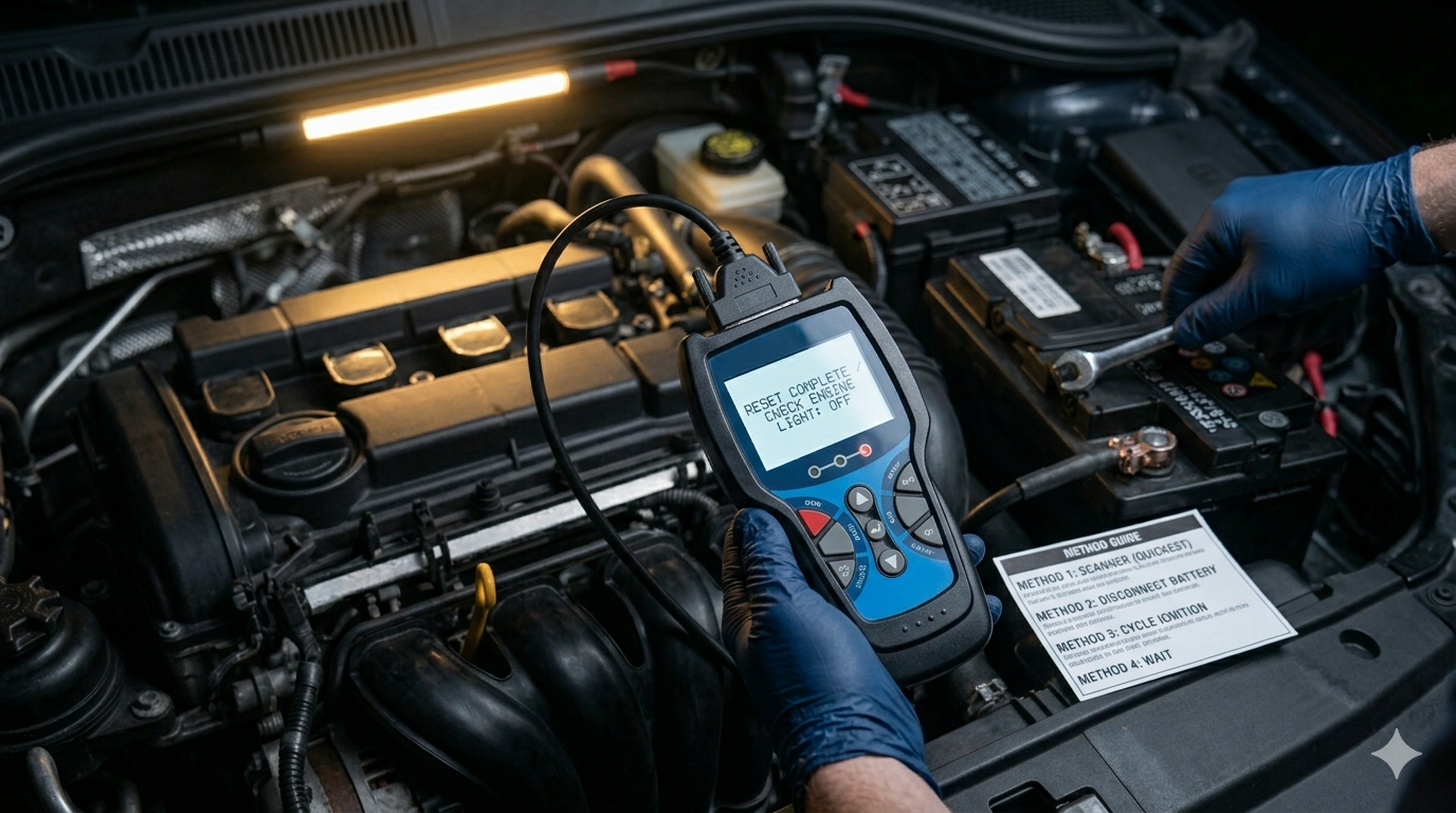 Car dashboard with check engine light illuminated — how to reset check engine light 4 methods ranked by safety