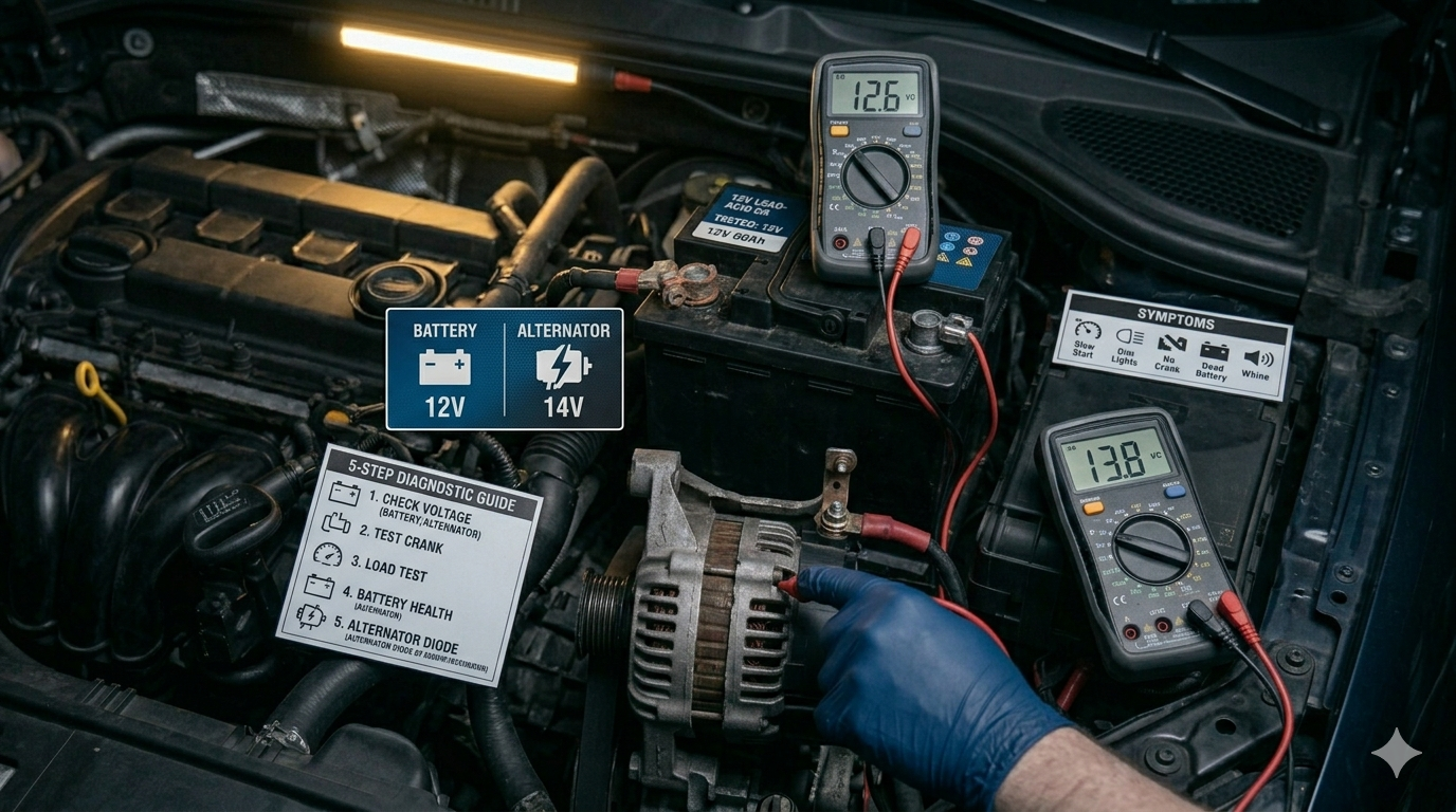 Multimeter testing car battery voltage to diagnose bad alternator vs dead battery — 5 step diagnostic test