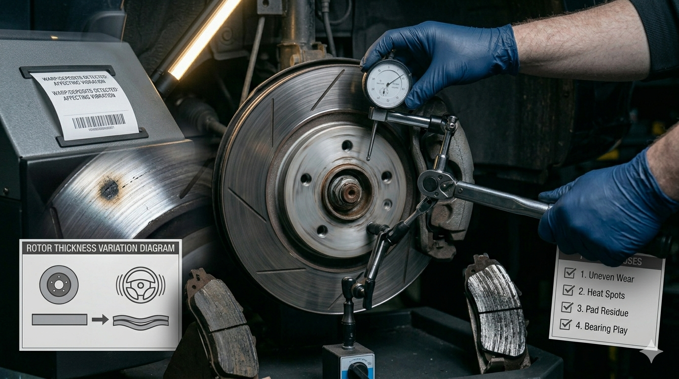 Brake rotor and caliper showing vibration when braking — car shakes when braking 7 causes and exact fixes