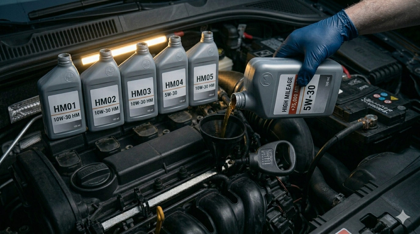 High mileage engine oil bottles showing 75K plus miles formula — best oil for high mileage cars symptom based selector