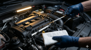 Car engine with dark oil on dipstick showing warning signs — 10 signs your car needs an oil change diagnostic guide