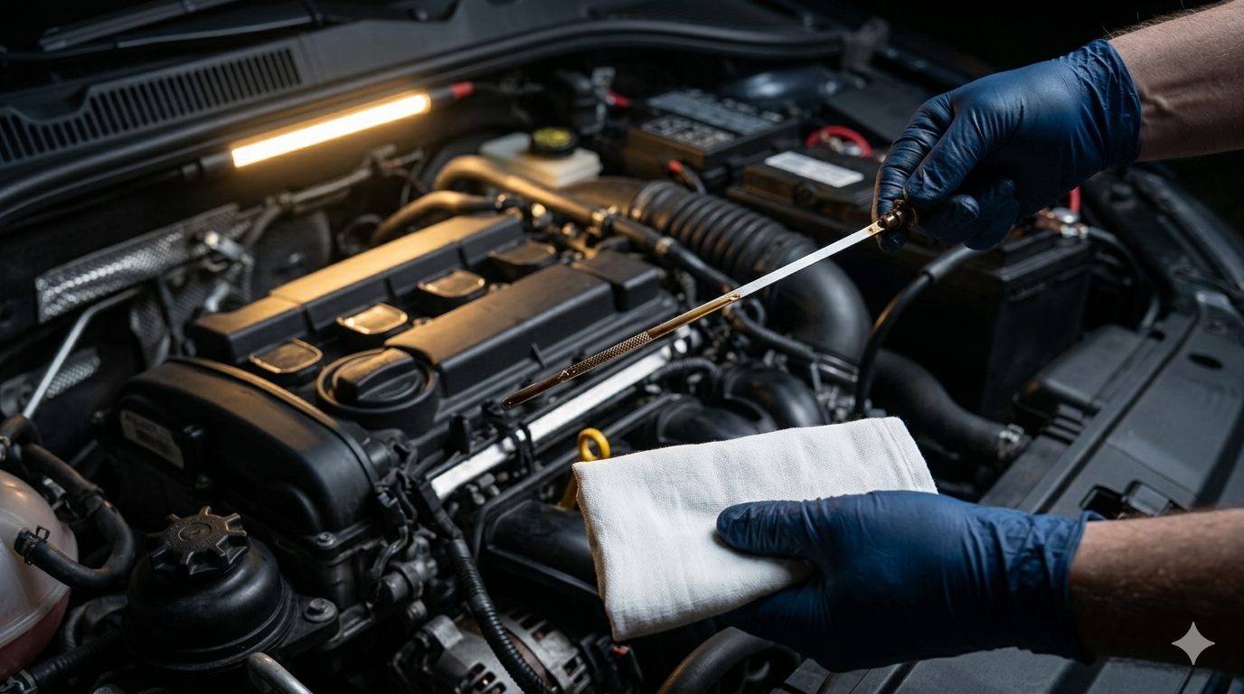 Car engine with dark oil on dipstick showing warning signs — 10 signs your car needs an oil change diagnostic guide