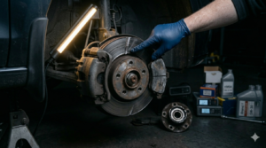 Brake pad and rotor showing metal on metal grinding noise — 9 causes of grinding noise when braking with fixes