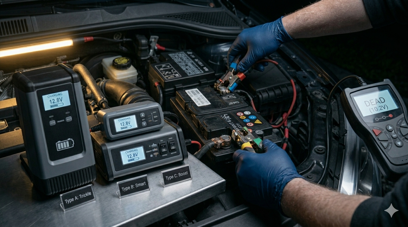 Battery charger connected to dead car battery with clock — how long to charge a dead car battery exact times for every charger