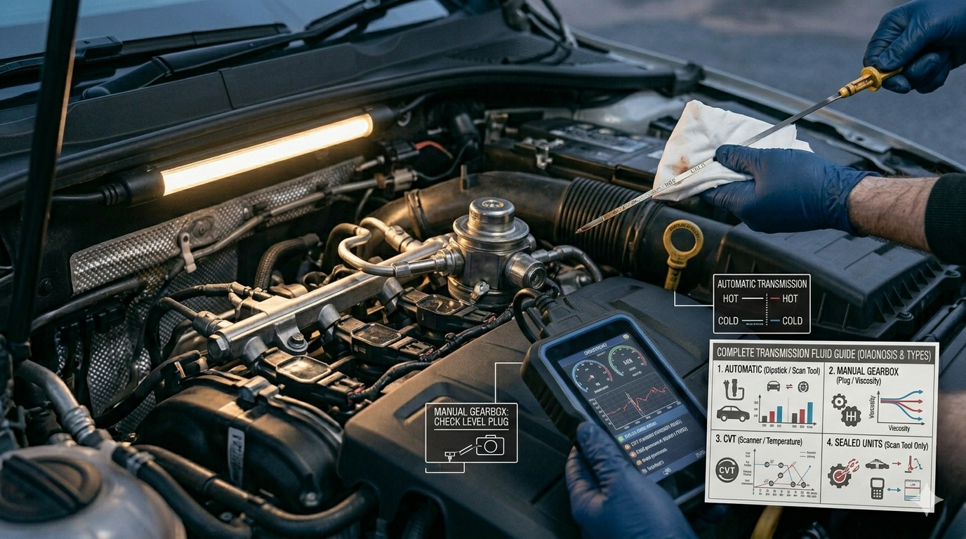 Transmission dipstick showing fluid color chart — how to check automatic manual CVT and sealed transmission fluid