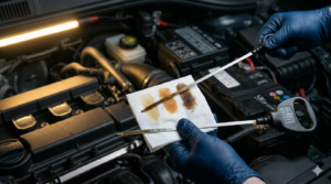 Hand pulling oil dipstick from engine showing MAX and MIN marks — how to check engine oil level 7 steps and color guide