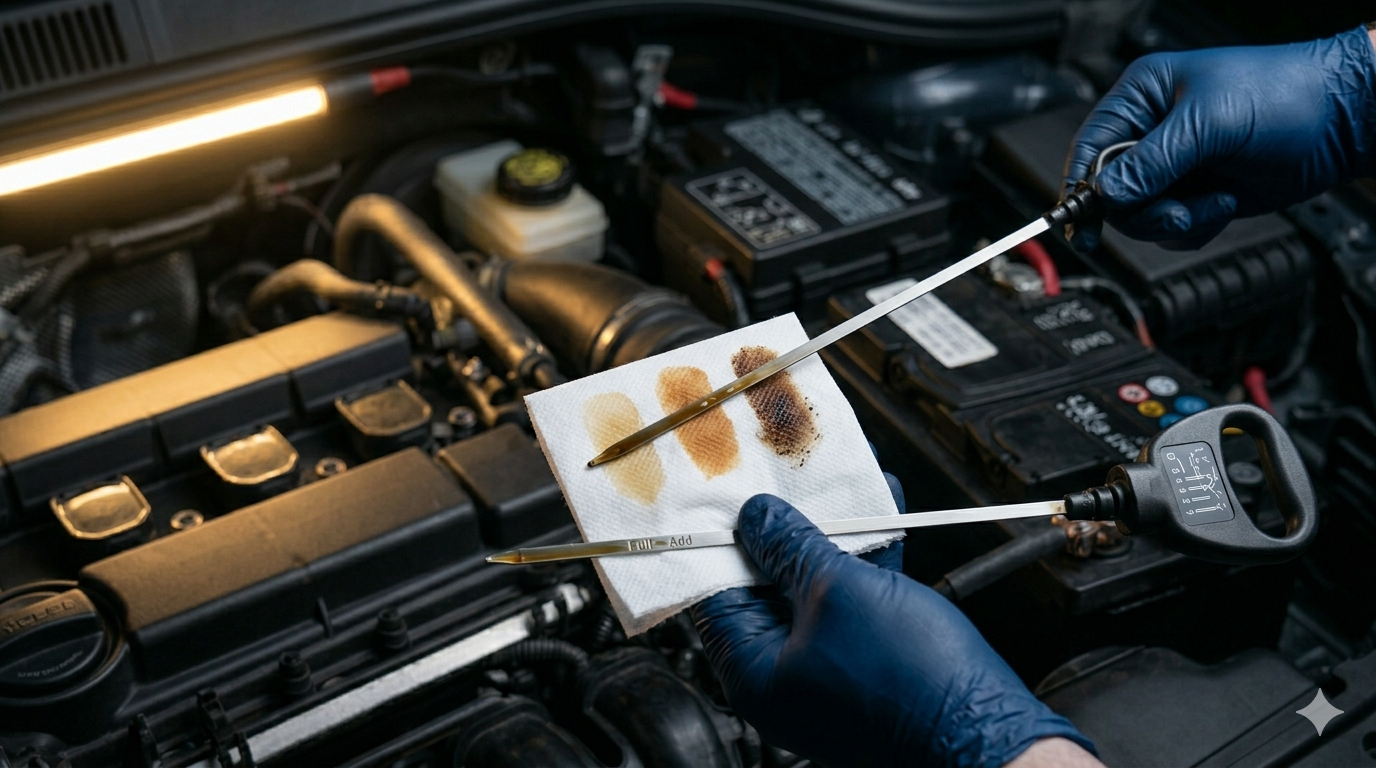 Hand pulling oil dipstick from engine showing MAX and MIN marks — how to check engine oil level 7 steps and color guide