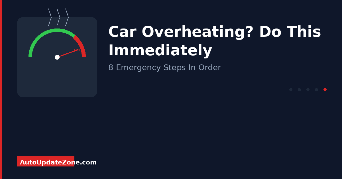 Car overheating emergency guide — temperature gauge in red zone with steam wisps showing 8 steps to do immediately